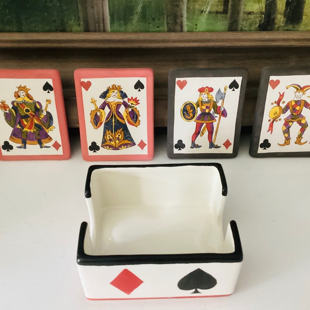 4 pcs Hand Painted Clay Coasters Set Cork Backing Playing Cards Tabletop Gallery